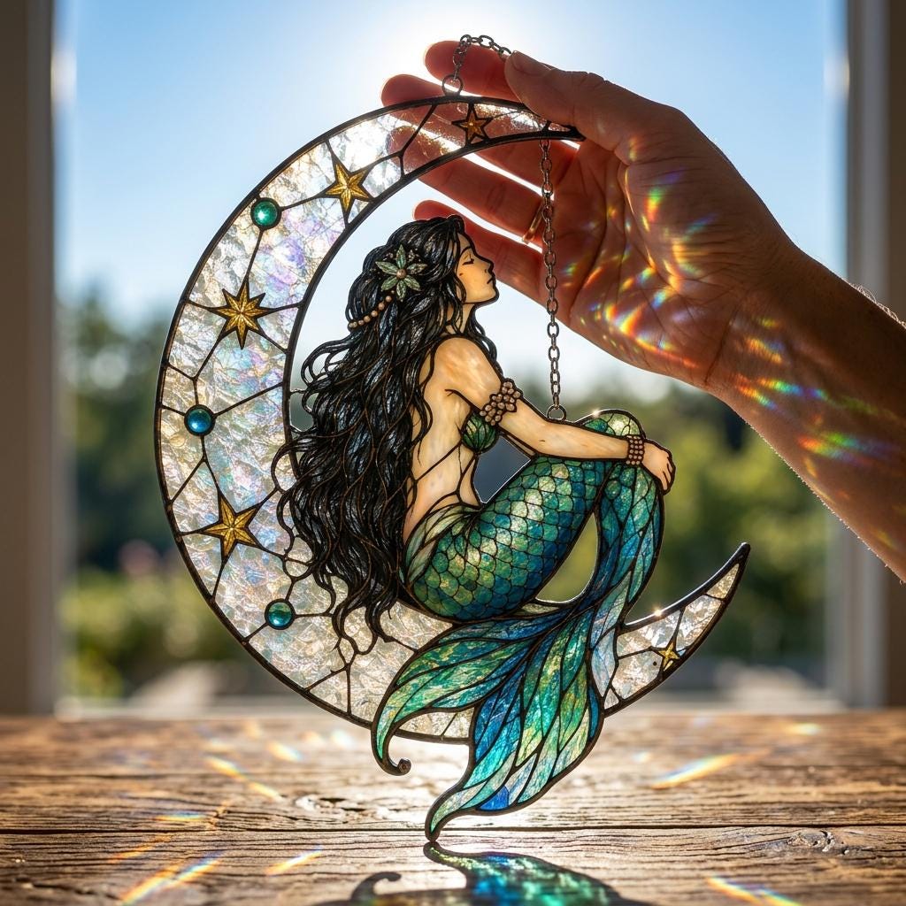 Crescent Moon Mermaid Suncatcher, Faux Stained Glass Decor, Mystical Ocean Window Ornament, Mermaid Lover Gift, Boho Home Decor