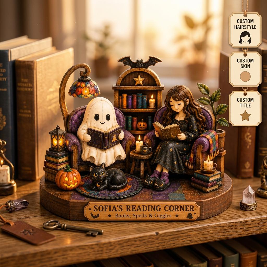 2D PRINTED Personalized Halloween Reading Corner Wooden Block, Custom Book Lover Figurine, Ghost and Black Cat Decor, Spooky Reader Gift