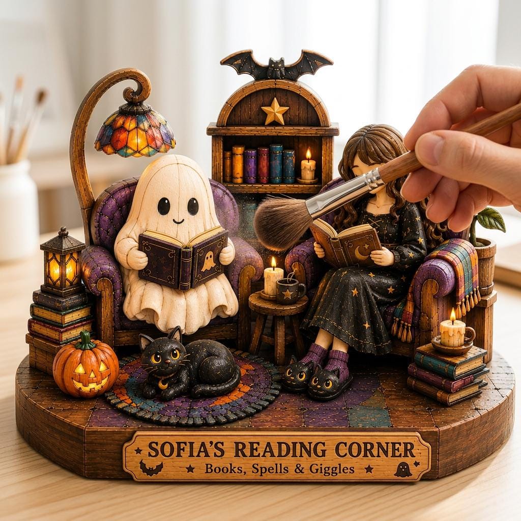 2D PRINTED Personalized Halloween Reading Corner Wooden Block, Custom Book Lover Figurine, Ghost and Black Cat Decor, Spooky Reader Gift