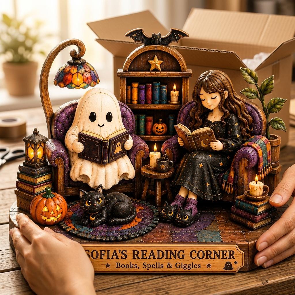2D PRINTED Personalized Halloween Reading Corner Wooden Block, Custom Book Lover Figurine, Ghost and Black Cat Decor, Spooky Reader Gift