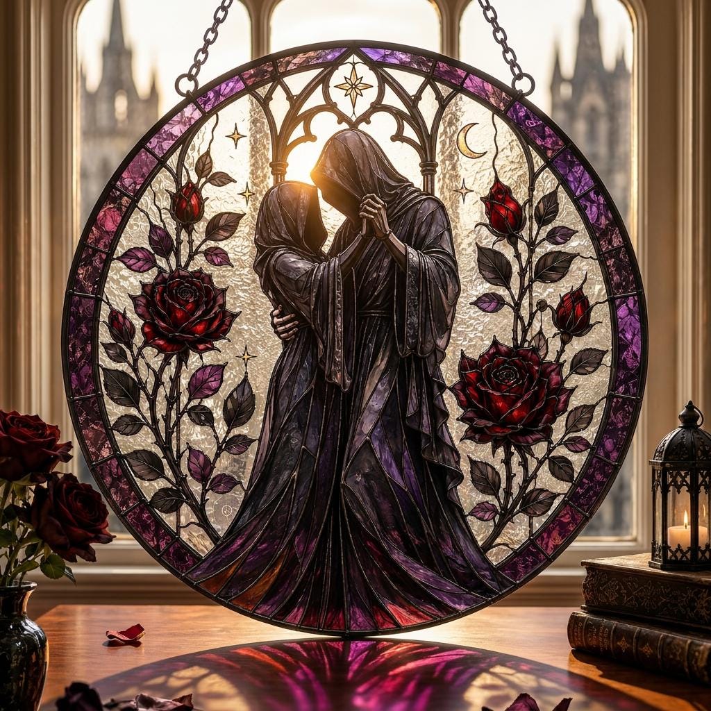 Personalized Gothic Couple Suncatcher, Faux Stained Glass Window Hanging, Custom Names Anniversary Gift, Dark Romance Home Decor