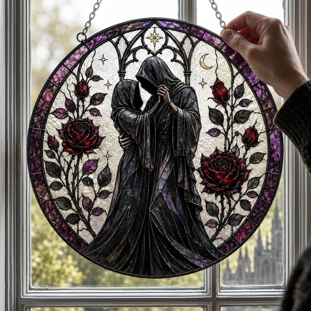 Personalized Gothic Couple Suncatcher, Faux Stained Glass Window Hanging, Custom Names Anniversary Gift, Dark Romance Home Decor