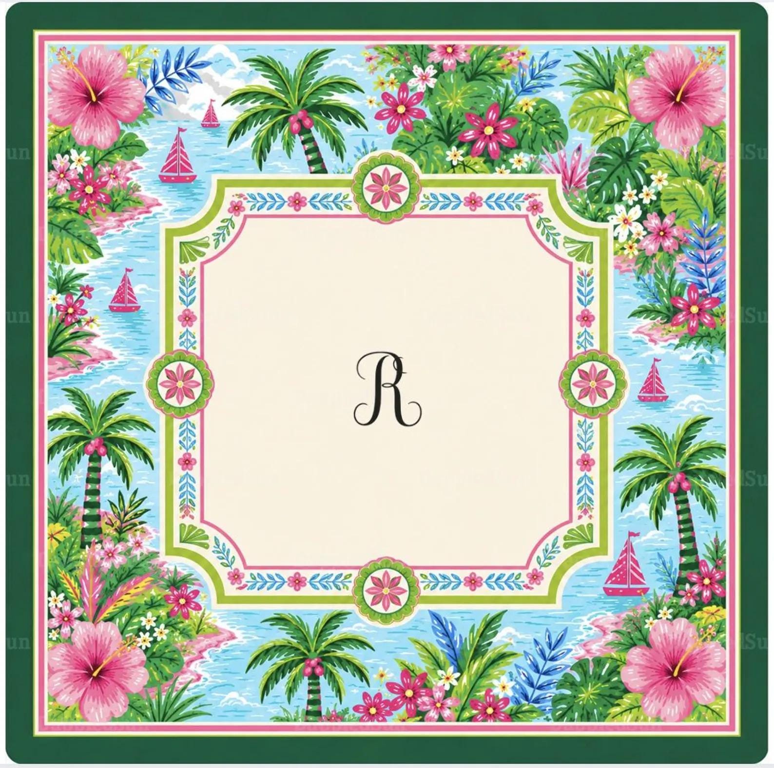 Tropical Mahjong Mat, Palm Tree and Hibiscus Game Table Mat, Colorful Coastal Mahjong Gift, Personalized Mahjong Table Decor