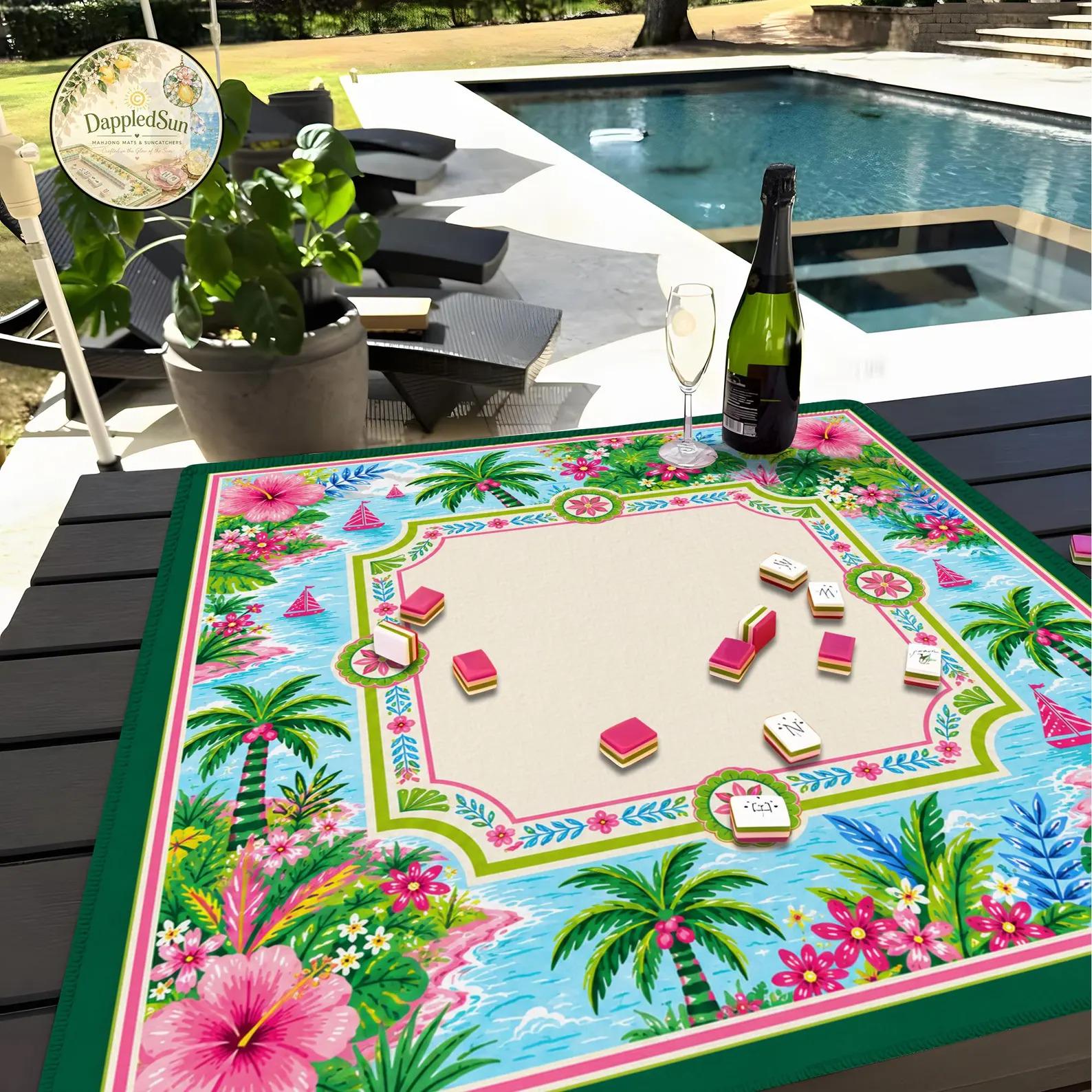 Tropical Mahjong Mat, Palm Tree and Hibiscus Game Table Mat, Colorful Coastal Mahjong Gift, Personalized Mahjong Table Decor