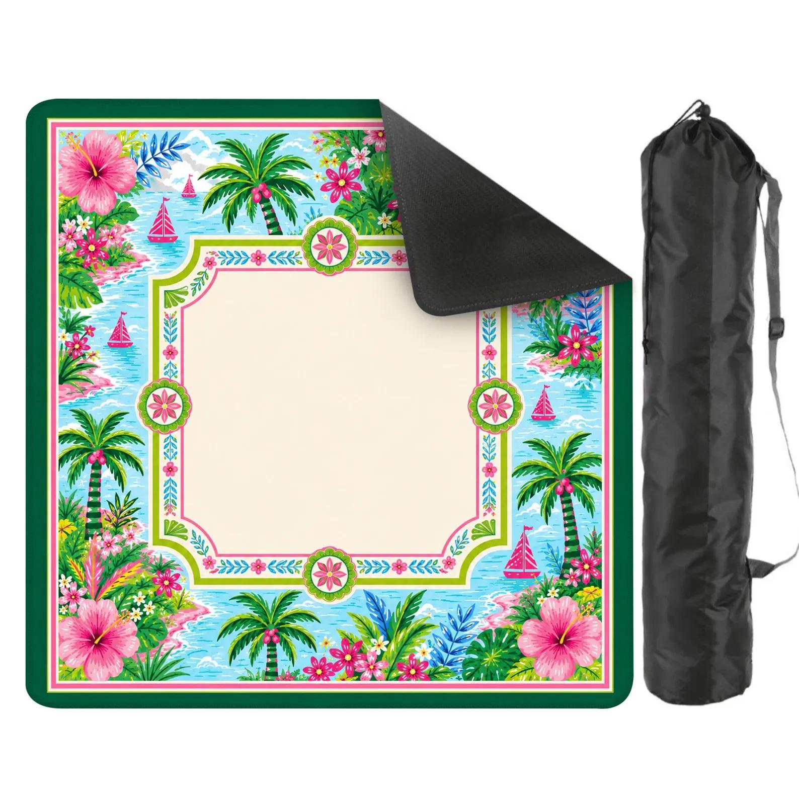 Tropical Mahjong Mat, Palm Tree and Hibiscus Game Table Mat, Colorful Coastal Mahjong Gift, Personalized Mahjong Table Decor