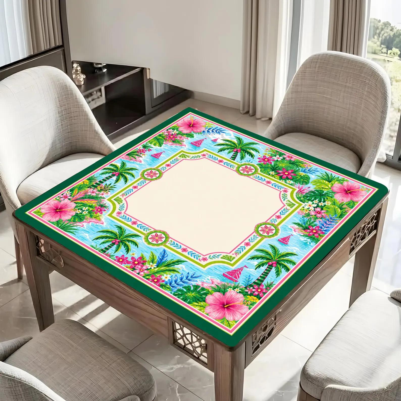 Tropical Mahjong Mat, Palm Tree and Hibiscus Game Table Mat, Colorful Coastal Mahjong Gift, Personalized Mahjong Table Decor