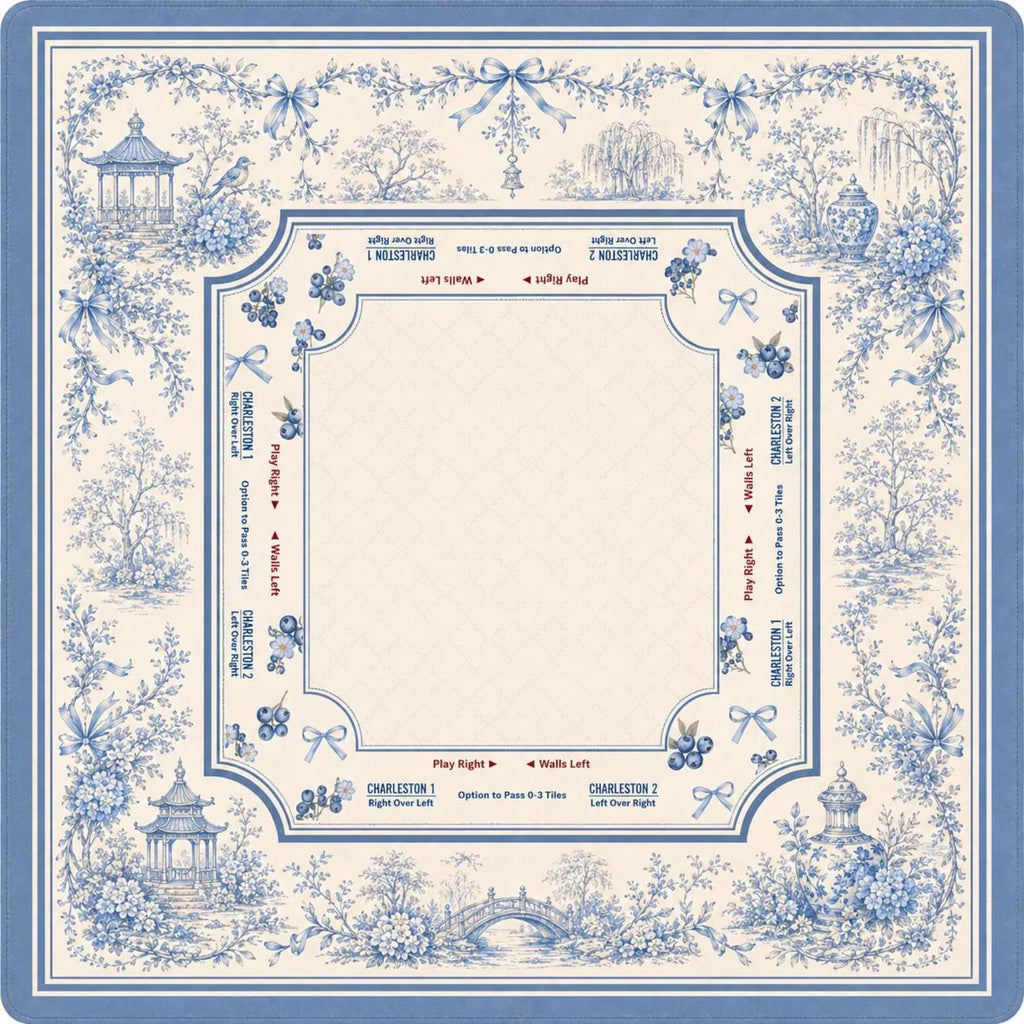 Blue Chinoiserie Mahjong Mat, Charleston Game Rules Mat, Floral Toile Mahjong Table Cover, Elegant Mahjong Gift for Women