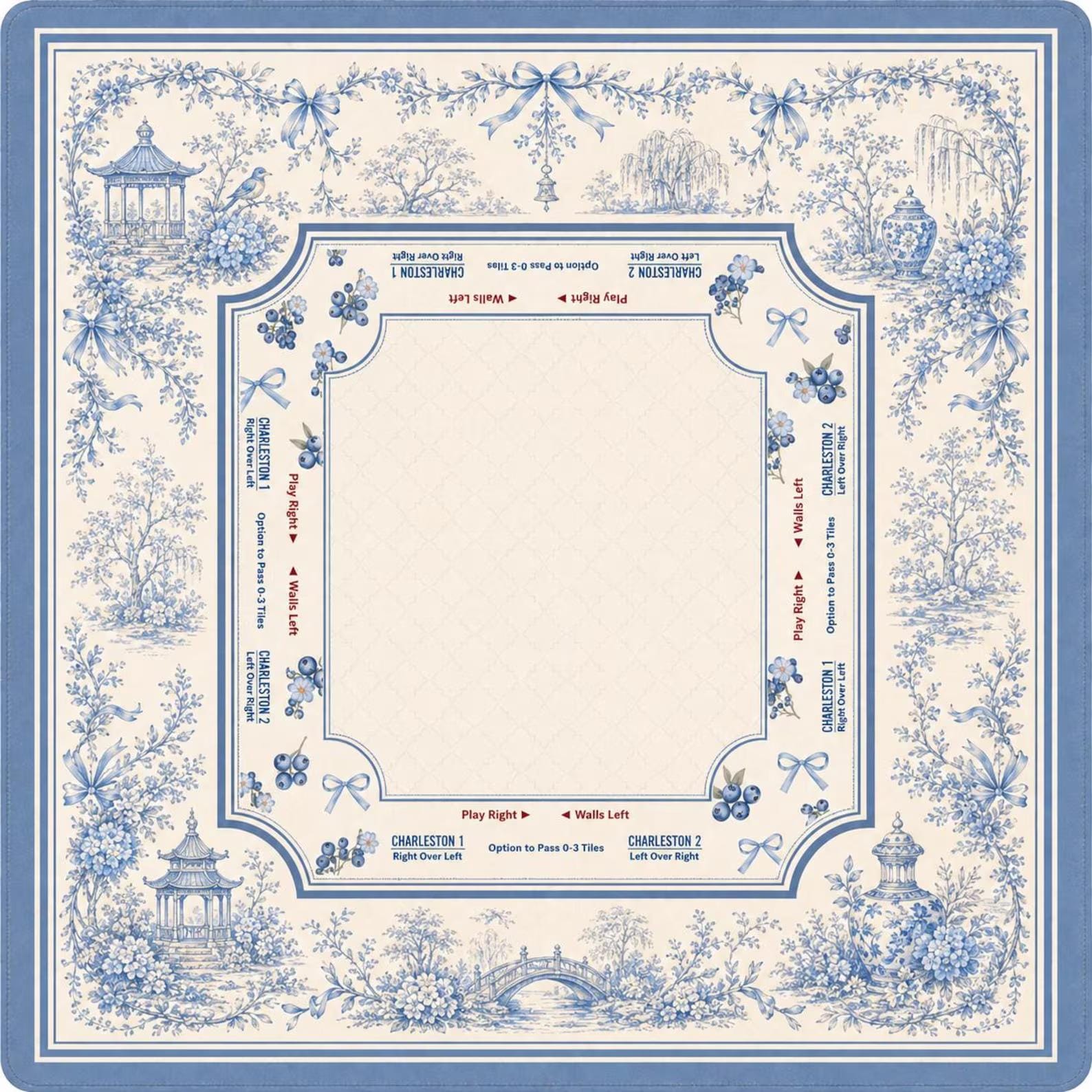 Blue Chinoiserie Mahjong Mat, Charleston Game Rules Mat, Floral Toile Mahjong Table Cover, Elegant Mahjong Gift for Women