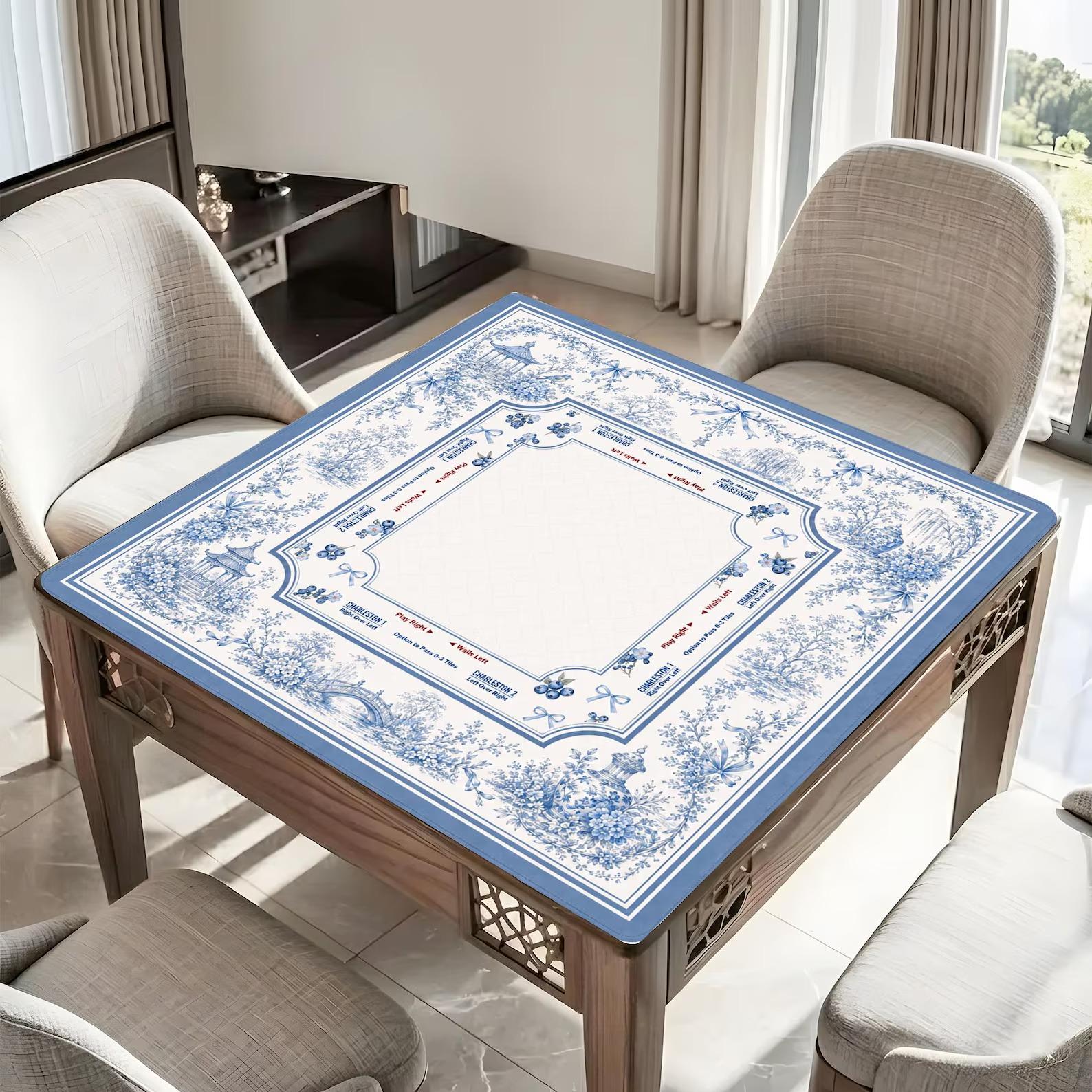 Blue Chinoiserie Mahjong Mat, Charleston Game Rules Mat, Floral Toile Mahjong Table Cover, Elegant Mahjong Gift for Women