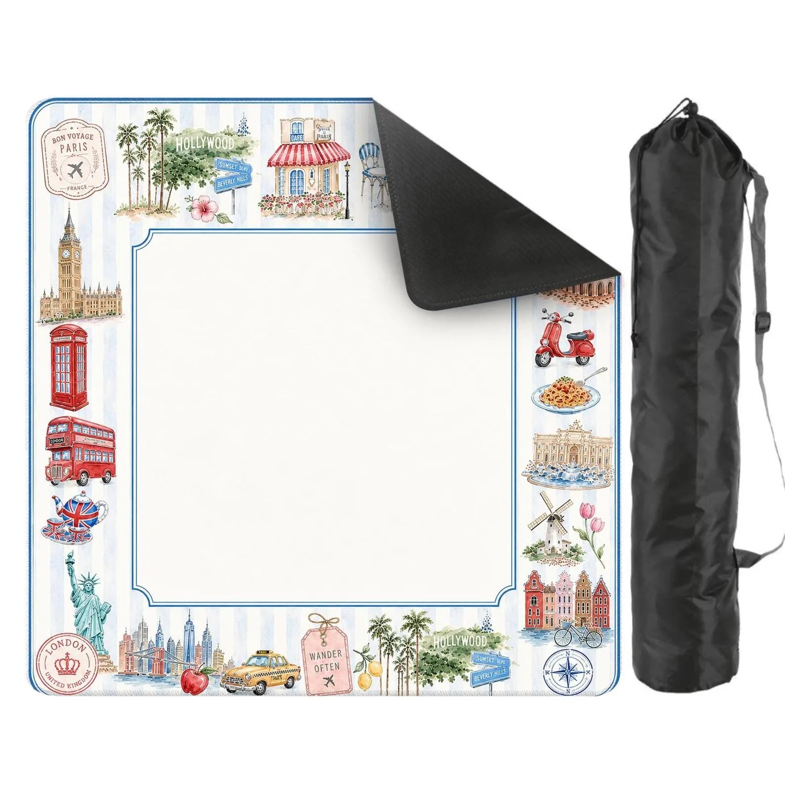 Travel Landmark Mahjong Mat, Paris London Italy Hollywood Game Mat, Vacation Theme Mahjong Table Cover, Gift for Travel Lovers