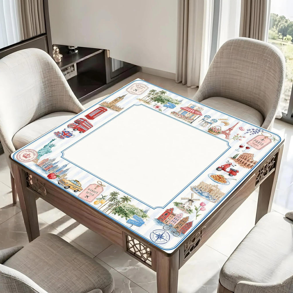 Travel Landmark Mahjong Mat, Paris London Italy Hollywood Game Mat, Vacation Theme Mahjong Table Cover, Gift for Travel Lovers