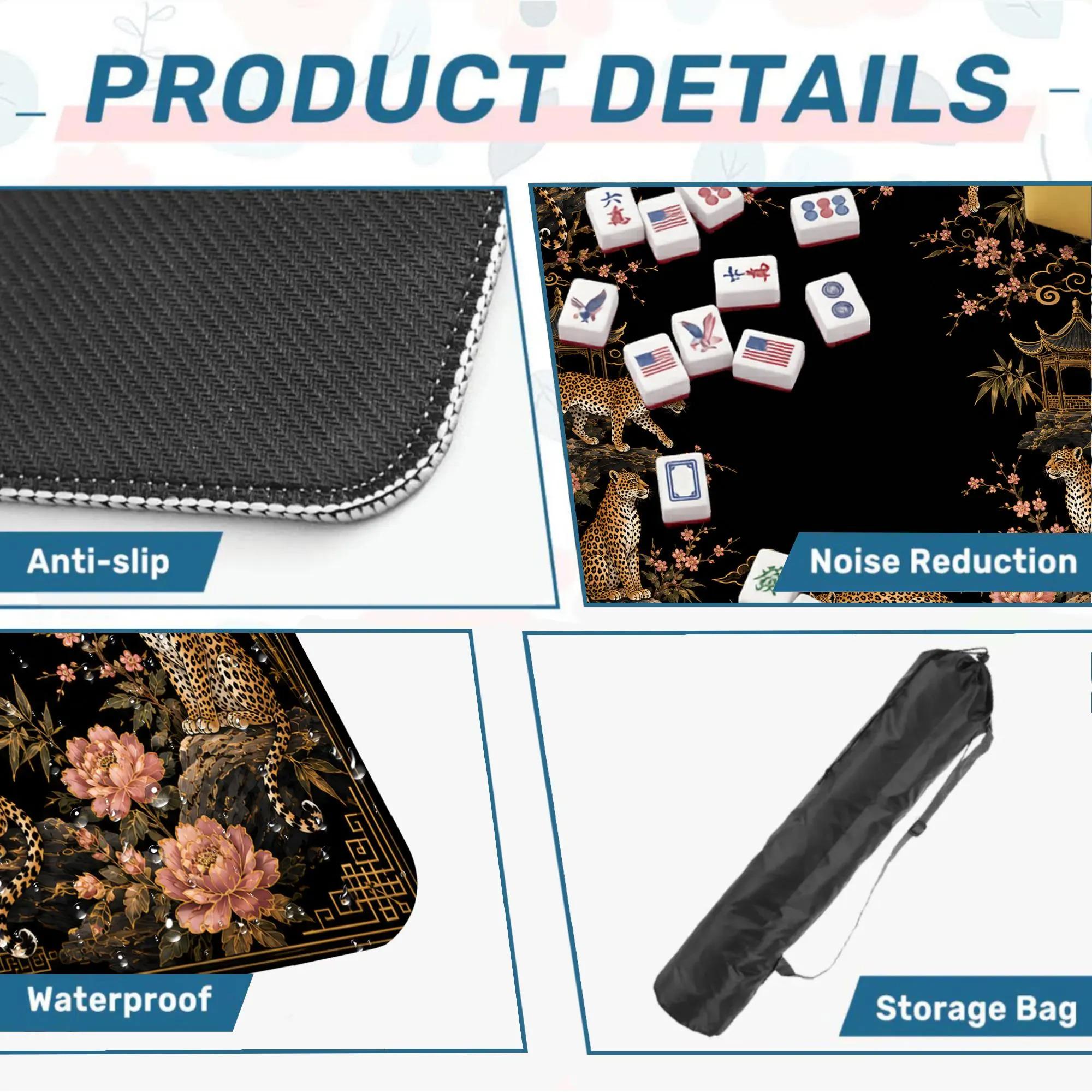 Black Gold Leopard Mahjong Mat, Chinoiserie Peony Table Cover, Luxury Mahjong Game Mat, Exotic Wildlife Gift