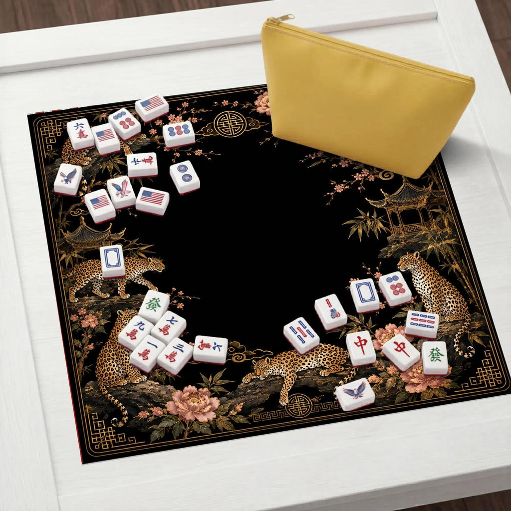 Black Gold Leopard Mahjong Mat, Chinoiserie Peony Table Cover, Luxury Mahjong Game Mat, Exotic Wildlife Gift