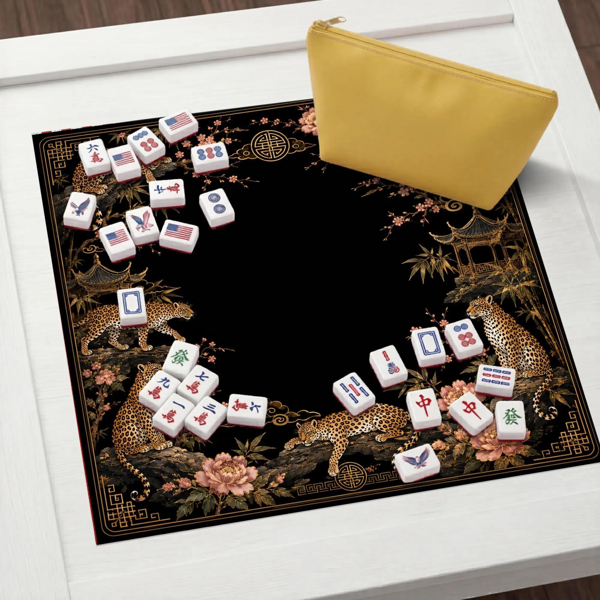 Black Gold Leopard Mahjong Mat, Chinoiserie Peony Table Cover, Luxury Mahjong Game Mat, Exotic Wildlife Gift